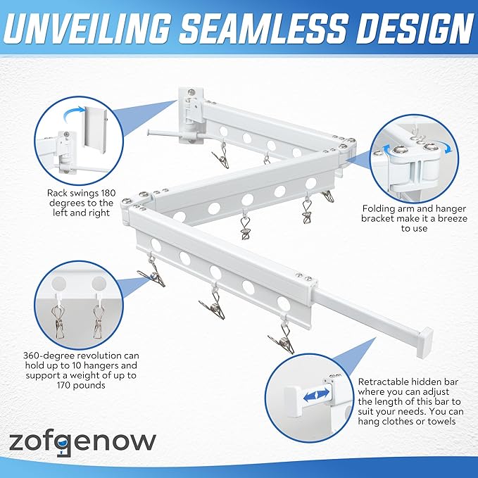 Clothes Drying Rack Wall Mounted, Retractable Space-Saving Aluminum Foldable Laundry Drying Rack for Indoor & Outdoor Use - Laundry Rooms, Bathroom & Balconies,Includes 10 Clothespins(White)
