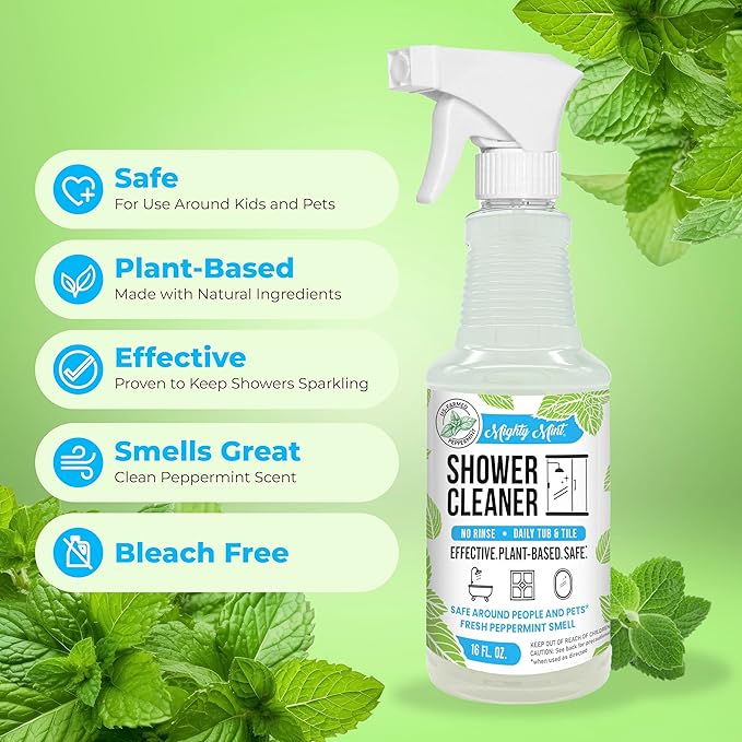 Mighty Mint Daily Shower Cleaner Spray – No Rinse, No Scrub Solution for Glass, Tile & Grout – Plant Based Formula with Peppermint Scent - 16 oz.