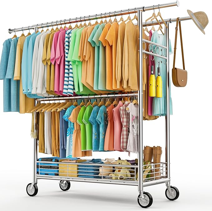 Heavy Duty Clothes Rack Load 960LBS, Three Rods Rolling Clothing Racks for Hanging Clothes, Rolling Garment Rack With Sturdy Wheels Shelves Hooks, Portable & Adjustable Commercial Garment Rack, Silver