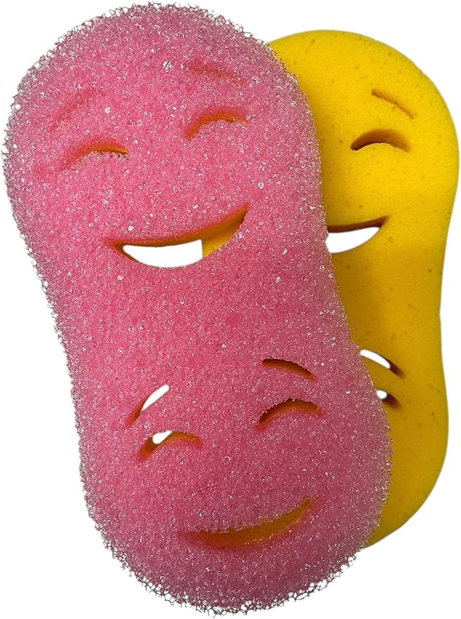 Smilyeez Double-Size Scrub Moji Duo Sponge 2-Pack – Dual Smiling Faces, Temperature-Responsive Scrubber – Scratch-Free, Odor & Stain Resistant