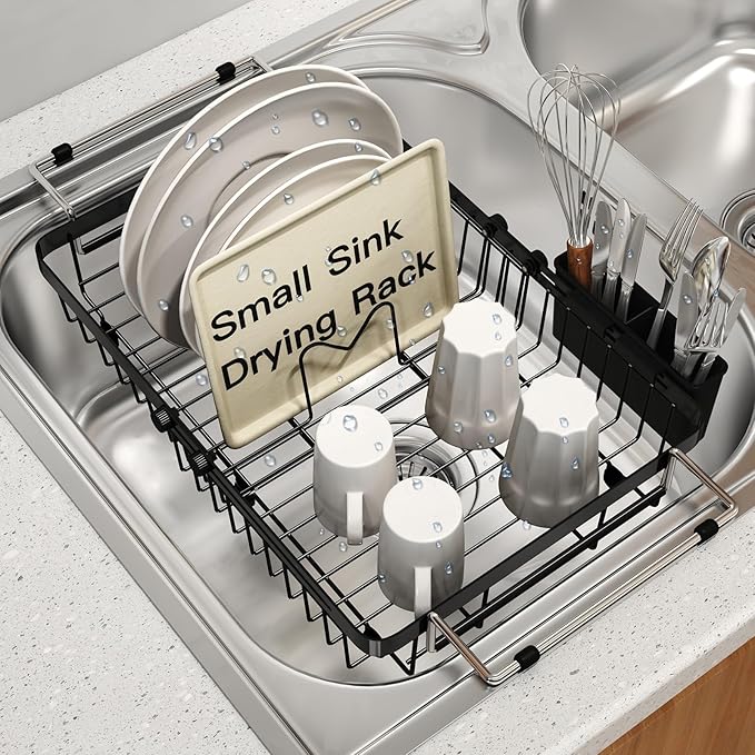 Small Expandable Over The Sink Dish Drying Rack Drainer In Stainless Steel Metal For Kitchen, Counter Space Saving Compact Above Plate Dryer Strainer, Adjustable Hanging Inside Sink Wire Drain Holder