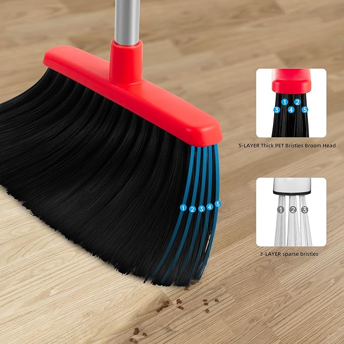 Broom with Dustpan Combo Set for Home 54-in Long Adjustable Handle Angle Broom and Dustpan Set with Dustpan Comb Teeth for Sweeping Pet Hair Food Dirt Kitchen (Black)