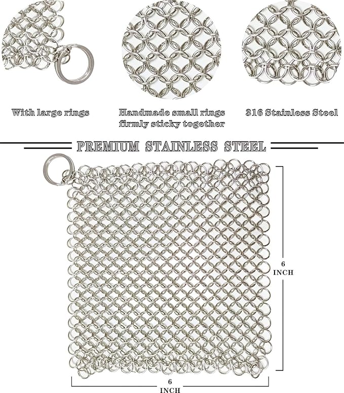 Cast Iron Cleaner - 6 Inch Stainless Steel Chain mail Scrubber for Cast Iron Pans Cleaner Chainmail Scrubber for Skillet, Wok, Pot, Dutch Ovens