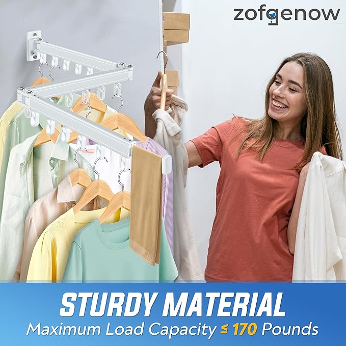 Clothes Drying Rack Wall Mounted Foldable, Retractable & Collapsible(Tri-Fold) Space-Saving Aluminum Laundry Drying Rack for Indoor & Outdoor Use - Laundry Rooms, Bathroom & Balconies (White)