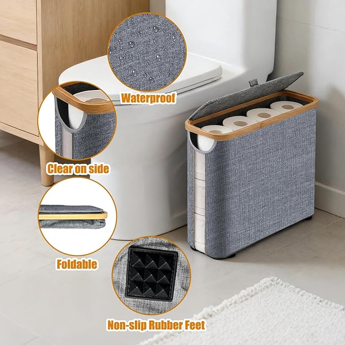 Toilet Paper Roll Storage, Bathroom Slim Toilet Paper Storage with Lid for 12 Rolls, Ultimate Bathroom Organizer with Anti-Slip Base, 17.8" x 6" x 13.8", Grey