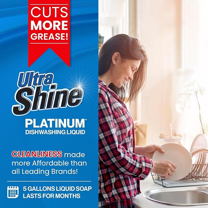 Ultra Shine 3X Platinum Bulk Dishwashing Liquid, Powerful Grease Remover, 5-Gallon - Concentrated Dish Cleaner Soap for Commercial Kitchens, Restaurants & Home Cleaning, Gentle on Hands & Skin