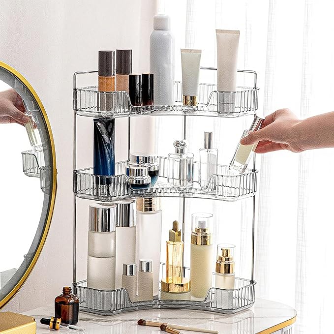 INVSSENE Corner Bathroom Countertop Organizer, Vanity Organizer Trays for Counter, Makeup Organizers, Perfume Tray, Skincare Shelf Storage Gifts for Women Girl Student (Smoky Gray 3 Tiers)