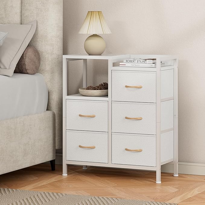 Furnulem 5 Drawer White Dressers for Bedroom 2 Tier Shelf Storage Small Fabric Dresser for Closet Sturdy Metal Frame Modern Style Storage Cabinets Organization Units for Hallway Rooms