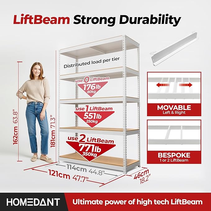 HOMEDANT 47.7" W 5 Tier Heavy Duty Garage Shelving Adjustable Metal Rack Storage Shelves Standing Shelf Unit Organizers Industrial Warehouse Basement White 2Pack