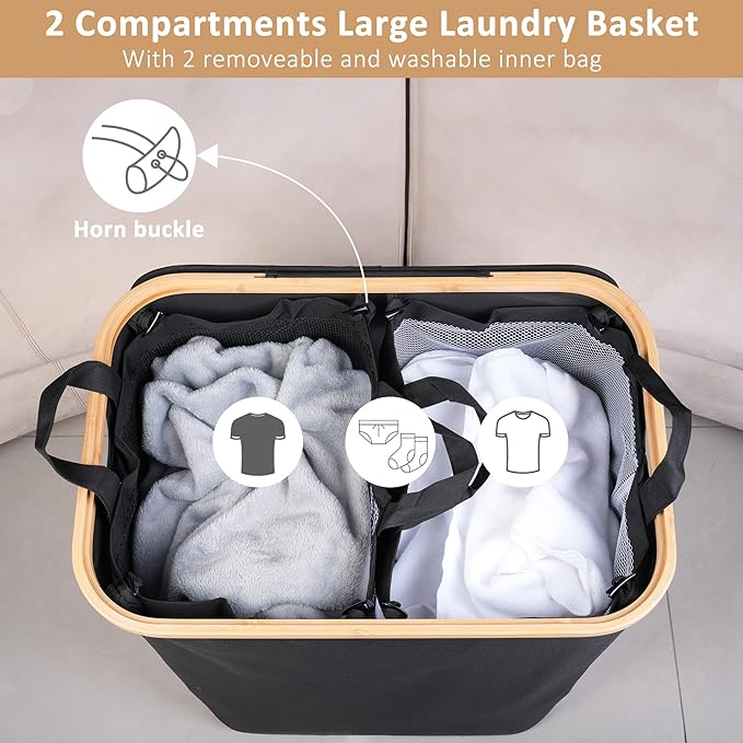 iEGrow 150L Laundry Basket with Lid,Large Laundry Hamper with Bamboo Handles, Hampers for Laundry, Dirty Clothes Hamper with 2 Removable Inner Bags for Clothes Toys Towels,Black