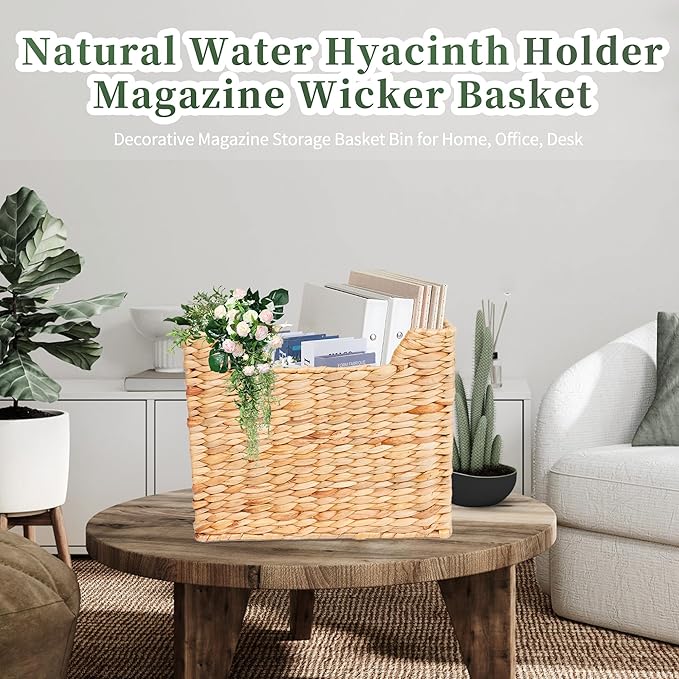Magazines Holders, Handwoven Magazine Basket for Bathroom, Water Hyacinth Wicker Magazine Rack for Books, Files, Newspapers, Rectangular, 14.2 x 11.4 x 6.7 inch