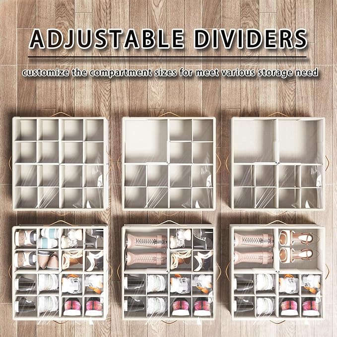 Shoe Organizer for Closet,2 Pack Foldable Shoe Storage Organizer Box Bin with Adjustable Dividers and Clear Cover, Fits up to 16-32 Pairs（Beige）