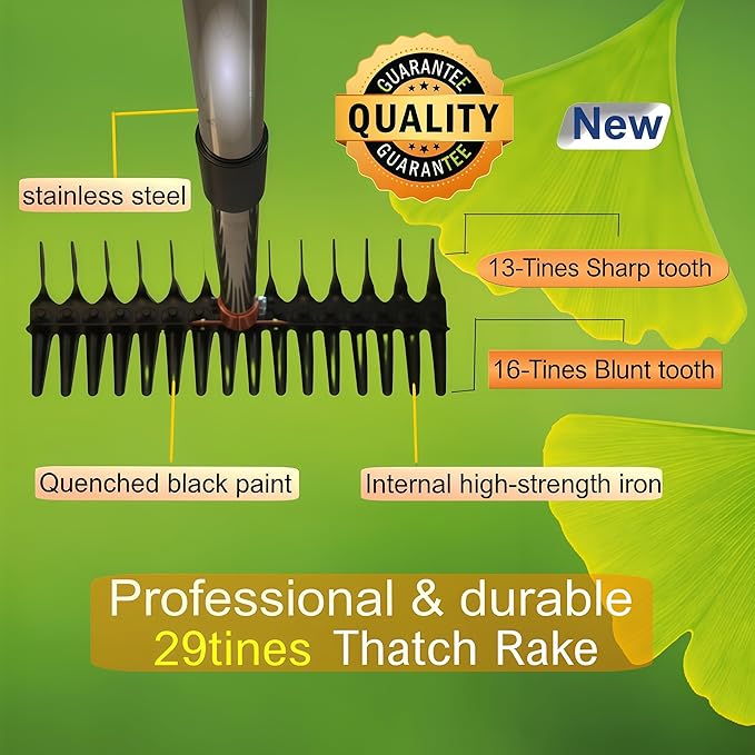15" Heavy Duty Thatch Rake - Different Two-Row 29 Tines Metal Dethatcher with Strong Adjustable Handle for Lawn Yard Leaf Weed Removal & Soil Loosening