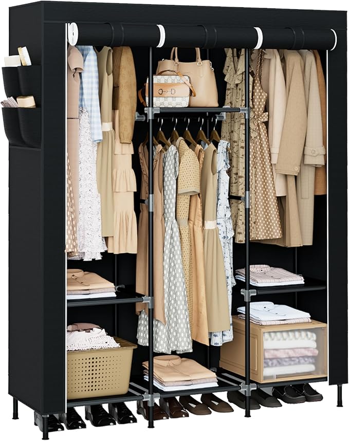 CASAMAYA Portable Closet, 51.2 Inch Large Capacity Wardrobe Closet with Cover, Clothes Storage Organizer with Shelves and 3 Hanging Rods, Easy to Assembly, Black PCT203B01