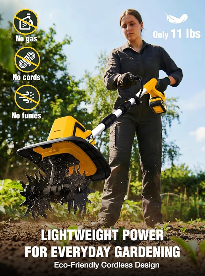 21V Cordless Tiller Cultivator, 400RPM Electric Rototiller with 48 Steel Tines, 4.0Ah Battery Powered Garden Tiller with 8-inch Width and 6-inch Depth, Tiller for Gardening and Soil - Yellow