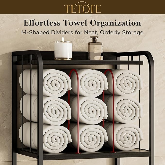 TETOTE 4-Tier Towel Rack for Bathroom M-Shaped Detachable Dividers & Hooks, Free Standing Towel Holder Bathroom Towel Storage Organizer for Pool, Kitchen, Laundry, Black