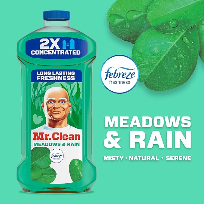 Mr. Clean All Purpose Cleaner, Floor Cleaner for Mopping Home, Bathroom, & Kitchen, Cleaning Liquid for Mop & Bucket, Cleaning Supplies, Multi-Surface Dilutable, Meadows & Rain, 41oz (Pack of 2)