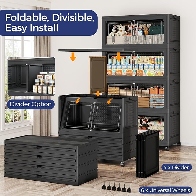 250GAL Extra Large Storage Bins with Lid, 1000Qt Stackable Closet Organizers and Drawers, Collapsible Storage Bins with Wheels, Folding Containers for Home, Kitchen Office, 5Pack Black