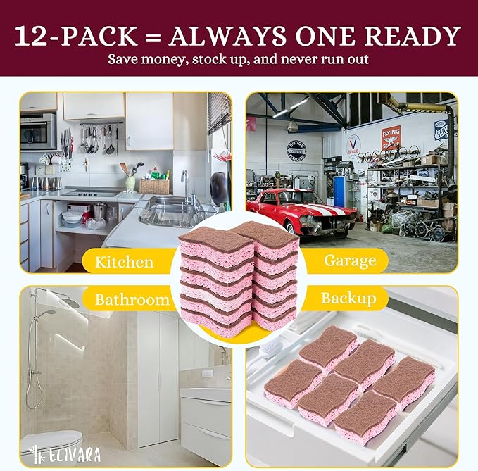 Kitchen Sponges – 12 Pack – Non-Scratch Dual-Sided Cellulose Scrub Sponges for Dishes, Pots, and Pans – Durable, Absorbent, and Reusable (Brown/Pink)