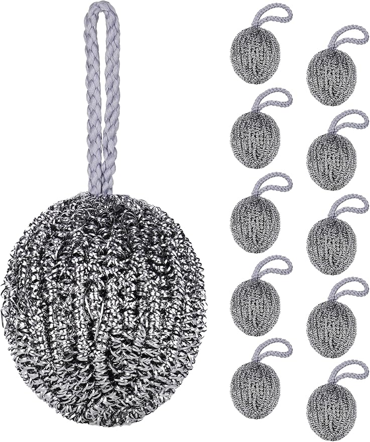 NiHome 10-Pack Steel Wool Scrubbers for Kitchen Cleaning, Stainless Steel Scourers with Hanging String, Reusable Rust-Resistant Scrubbers for Pots, Pans, Grill Racks, Sinks, Cast Iron