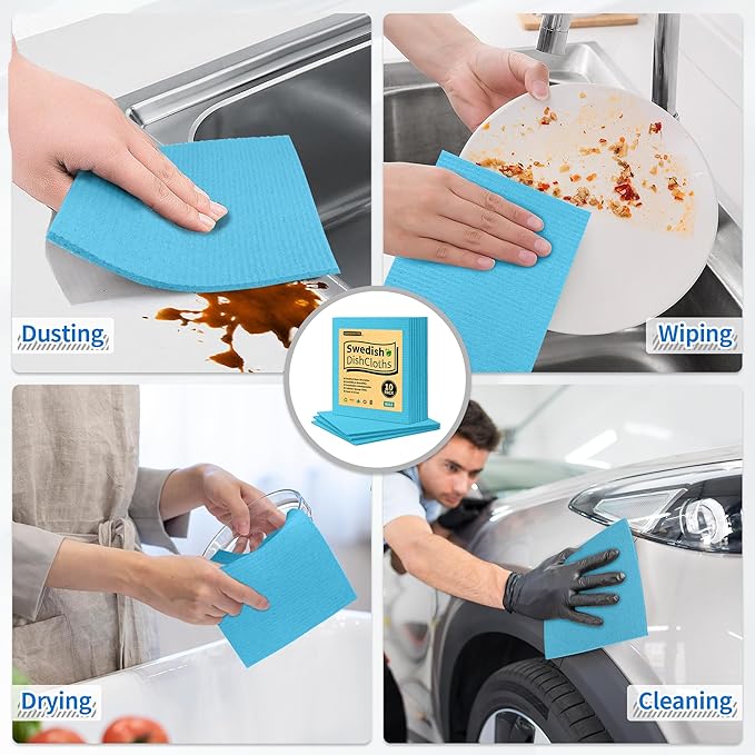 HOMERHYME Swedish Dishcloths, 10 Pack Kitchen Towels Dish Rags, Absorbent Swedish Dish Towels for Kitchen, Non-Scratch Cellulose Sponge Cloths, Biodegradable Washable Reusable Paper Towels, Blue