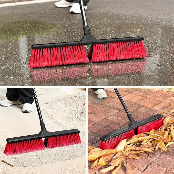 2PK 24" Push Broom Outdoor with 63" Long Handle and Stiff Bristles, Heavy Duty Outdoor Broom Brush for Workshop, Garage, Concrete, Patio and Deck Floor Sweeping