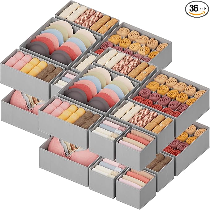 Lifewit Underwear Drawer Organizer for Closet 36 Pack, 3 Sizes Dresser Organizer Dividers, Deep Fabric Foldable Drawer Storage Organizer Bins for Clothes/Sock/Bra, Light Grey