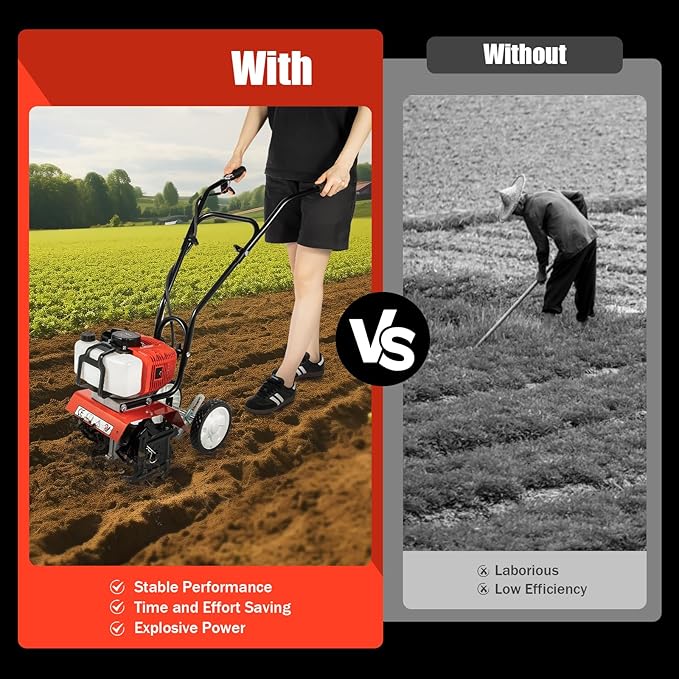 Tiller Cultivator Gas Powered, 52Cc 2 Stroke Garden Cultivator Commercial Tiller Gas Powered Tiller Soil Cultivator with Adjustable Wheels for Plowing Turning Soil Ditching 1700W 6500Rpm