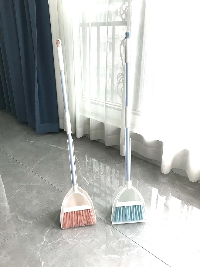 Mini Broom with Dustpan for Kids,Little Housekeeping Helper Set (White+Pink)