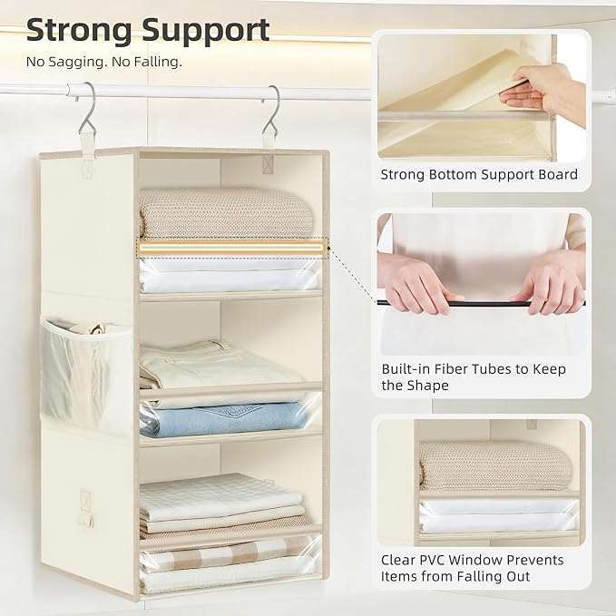 STORAGE MANIAC 6-Shelf Hanging Closet Organizer and Storage, 2 Separable 3-Shelf Haning Organizers for Closet, Collapsible Hanging Shelves Wardrobe Organization, College Dorm Room, Nursery, Beige