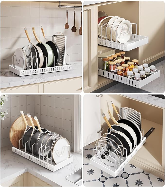 Lozovin Pull Out Pots and Pans Organizer Under Cabinet, Sliding Lid Holder and Pan Rack in Kitchen, Slide Out inside Cabinet Storage for Pot Lid, Bakeware, Dishes, 8 Adjustable Dividers, 2 Pack White