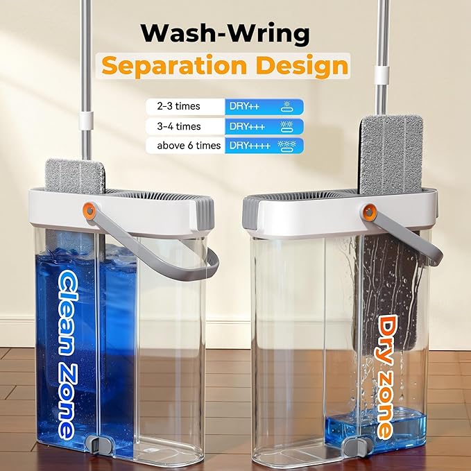 Spreezy Mop and Bucket Set, Hands-Free Flat Mop System with Wringer, Wet and Dry Using, Separate Wash & Wring Zone, Household, 4 Reusable Microfiber Pads for Floor Cleaning, Fits into Narrow Spaces