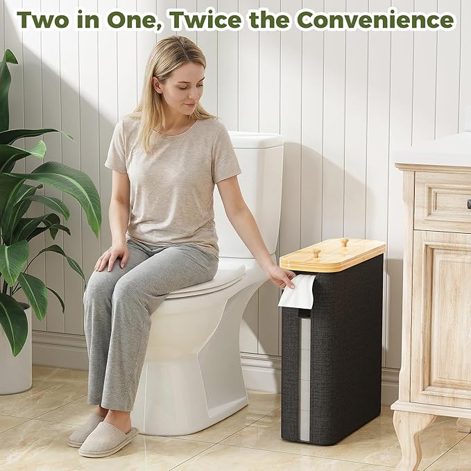 42L Toilet Paper Basket with Bamboo Lid, Toilet Paper Storage with Toilet Paper Holder & Non-Slip Mat for Bathroom Organizer, Holds up to 19 Regular Rolls or 14 Mega Rolls, Collapsible & Stackable