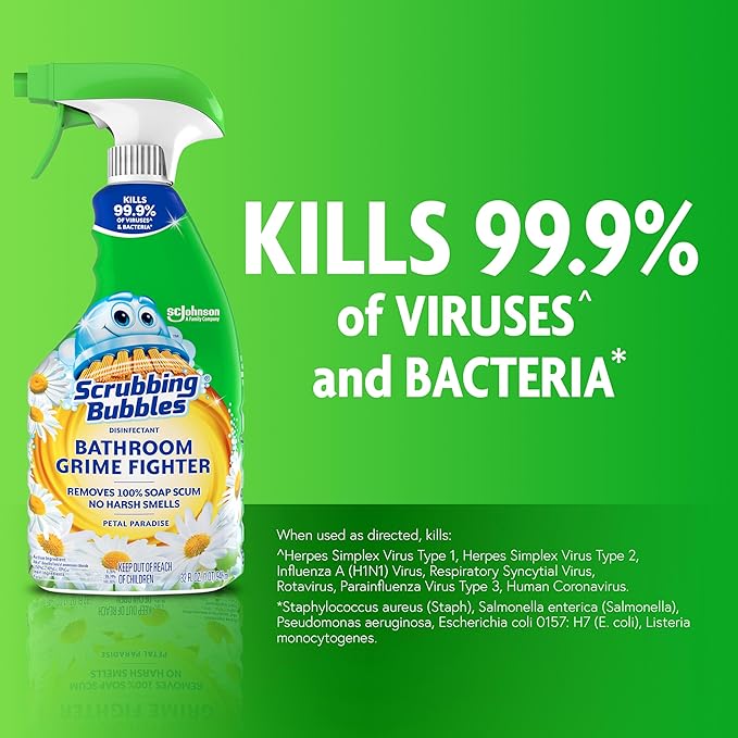 Scrubbing Bubbles Bathroom and Shower Cleaner Disinfectant Spray, Foaming Action Bathroom Grime Fighter, Petal Paradise Scent, 32oz (Pack of 2)