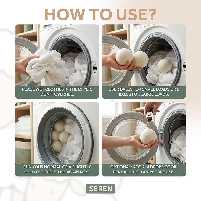 SEREN Wool Dryer Balls 6 Pack XL with Lavender Lemon Essential Oils - Organic New Zealand Wool, Natural Fabric Softener Alternative Reduces Static Wrinkles, Chemical-Free Reusable Eco-Friendly