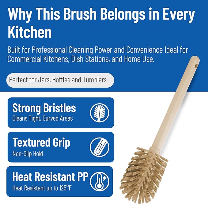 SPARTA Large Water Bottle Brush Ideal for Wide-Mouth Jars, Bottles and Tumblers, Dishwashing Tool with Handle for Home and Commercial Kitchens, Plastic, 12 Inches, Tan, (Pack of 6)