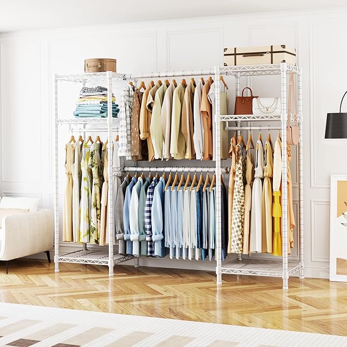 Ulif E7 Heavy Duty Garment Rack, Clothes Organizer and Storage Rack with Expandable Hangers, Metal Clothing Rack with 6 Wire Shelves, (52.3"-72") W x 14.5" D x 71.2" H, Load 838 LBS, White