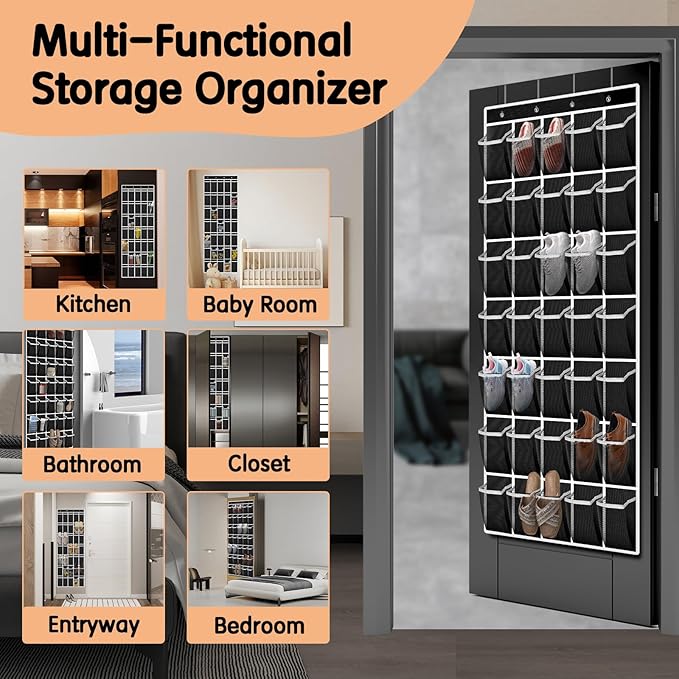 Kotkn 35 Compartment Over The Door Storage - Breathable Mesh Hanging Organizer with Large Pockets, Space Saving Design for Men & Women's Footwear, Closet, Bedroom- Black (Black, 35-Pocket)