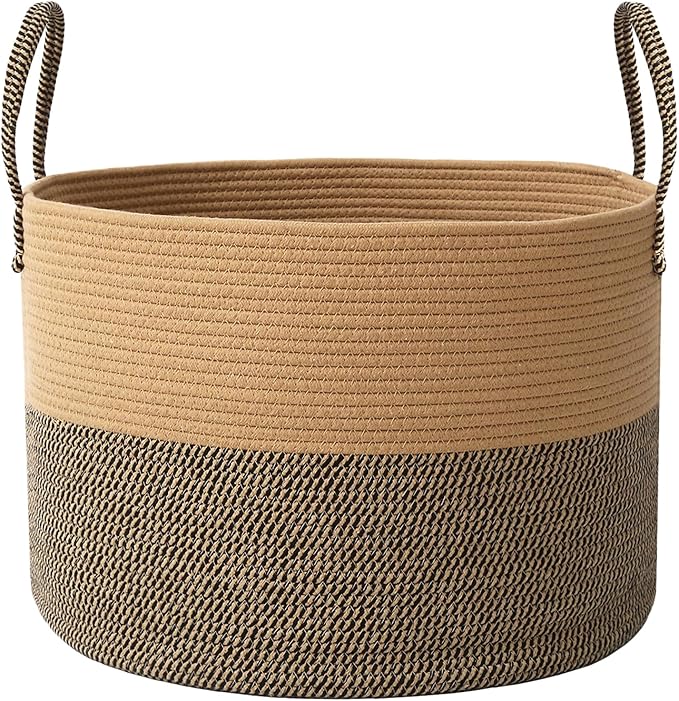 JMvicyroam 115L Extra Large Blanket Basket for Living Room - Woven Cotton Rope Laundry Hamper with Reinforced Handles - Storage Bin for Pillows, Comforters & Toys - Machine Washable,Jute&Black