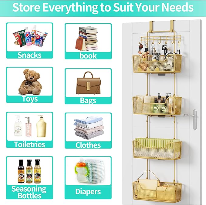 HapiRm Over The Door Organizer - Hanging Door Organizer with 4 Metal Large Capacity Baskets and Adjustable Coat Hook for Bathroom Bedroom Kitchen Pantry Closet Cabinet