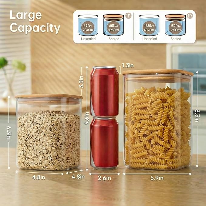 Extra Large Square Glass Flour & Sugar Storage Containers with Airtight Lids, 132oz & 63oz - 2 Pack Glass Jars with Bamboo Lids, Air tight Pantry Food Storage Containers for Cereal, Pasta, Rice