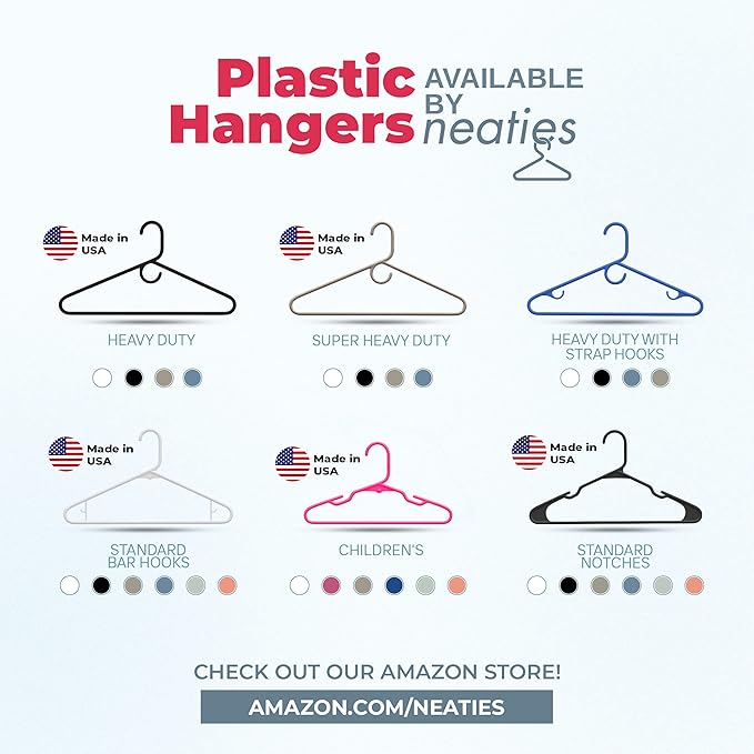 Neaties Plastic Hangers 100 Pack – Made in The USA – 6lb Capacity Standard Clothes Hangers with Strap Hooks for Dresses, Lingerie, Shirts, Pants, and Jackets – Pink