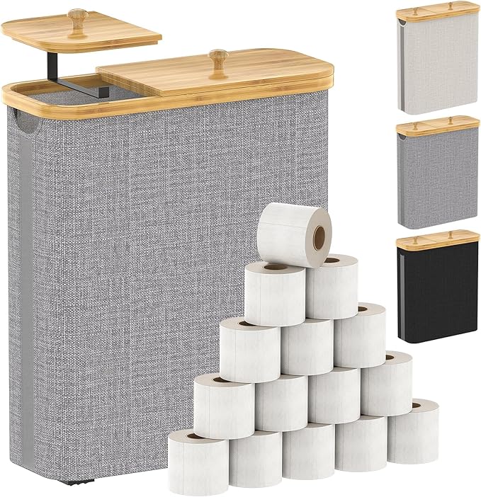 42L Toilet Paper Basket with Bamboo Lid, Toilet Paper Storage with Toilet Paper Holder & Non-Slip Mat for Bathroom Organizer, Holds up to 19 Regular Rolls or 14 Mega Rolls, Collapsible & Stackable