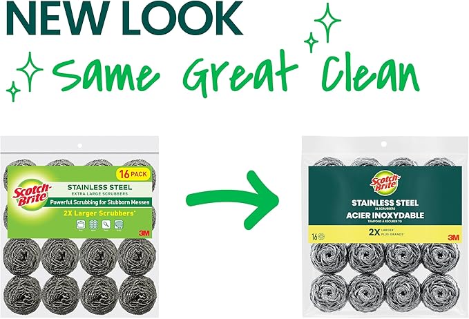Scotch-Brite Stainless Steel Scrubbers, Scouring Pads for Cleaning Tough Baked-On Messes, Metal Scrubbers for Cleaning Dishes, 16 Scrub Pads