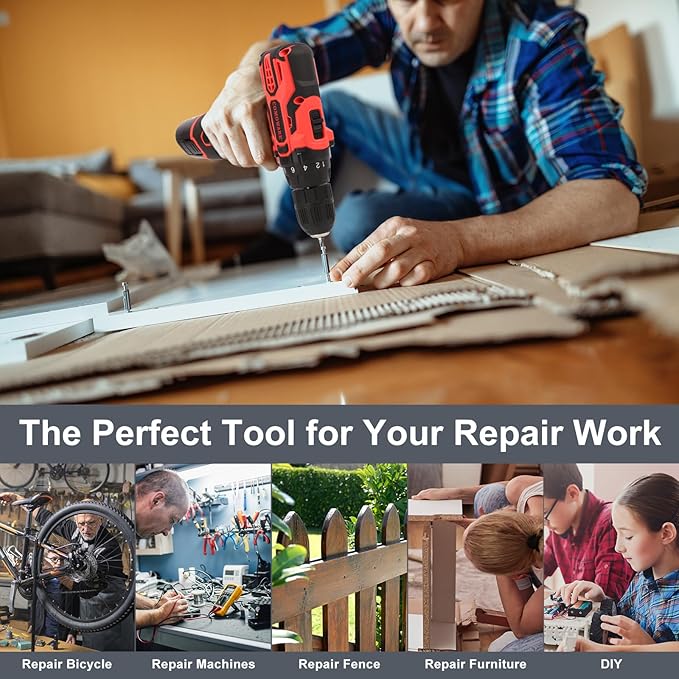 COMOWARE Cordless Drill Set, 12V Power Drill, 1 Battery, 3/8" Keyless Chuck,0-450 & 0-1500 RPM, 10pcs Screwdriver Bits, Red