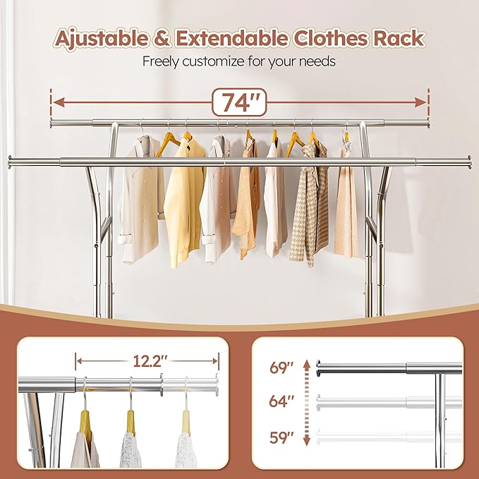 Raybee Clothing Rack Load 630 LBS, Clothes Racks for Hanging Clothes, Rolling Heavy Duty Clothing Rack, Metal Garment Rack for Clothes Storage Bedroom Closet Laundry Room