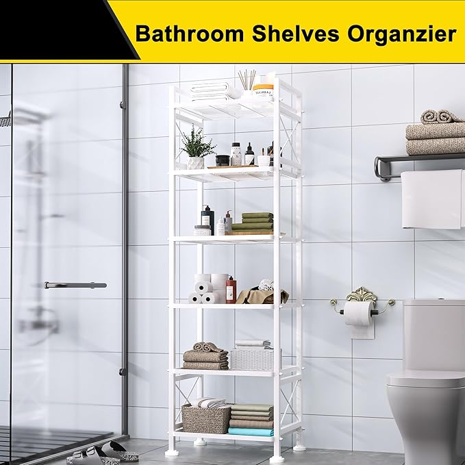 GIOTORENT Pantry Storage Shelves, 6-Tier Metal Storage Rack with X-Shaped Side Frame, Heavy-Duty Wire Shelf for Kitchen, Bathroom, Laundry Room, 120lb/Layer, White Standing Shelves
