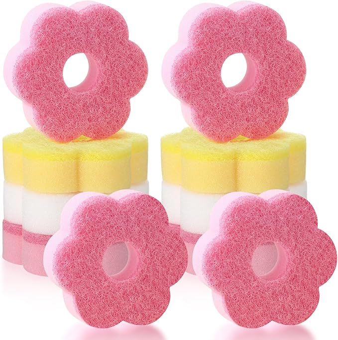 Tioncy 12 Pack Pink Flowers Sponges Bulk Spring Kitchen Decor Dual Sided Scrubber Sponges Dishwashing Kitchen Cleaning Accessories for Household Supplies