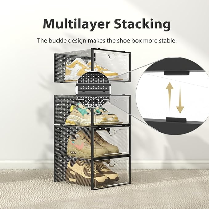 Pinkpum 12 Pack XXL Shoe Storage Box Fit for Size 14, Clear Plastic Stackable Shoe Organizer for Closet, Shoe Containers Sneaker Storage Clear and Black