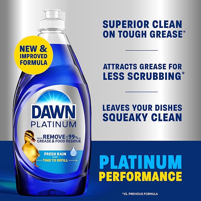 Dawn Platinum Dish Soap, Fresh Rain Scent Liquid Dishwashing Detergent, Powerful Dawn Dish Soap for Tough Grease Removal, 13 oz